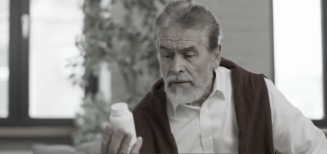 A man reading the label of a bottle of pain pills